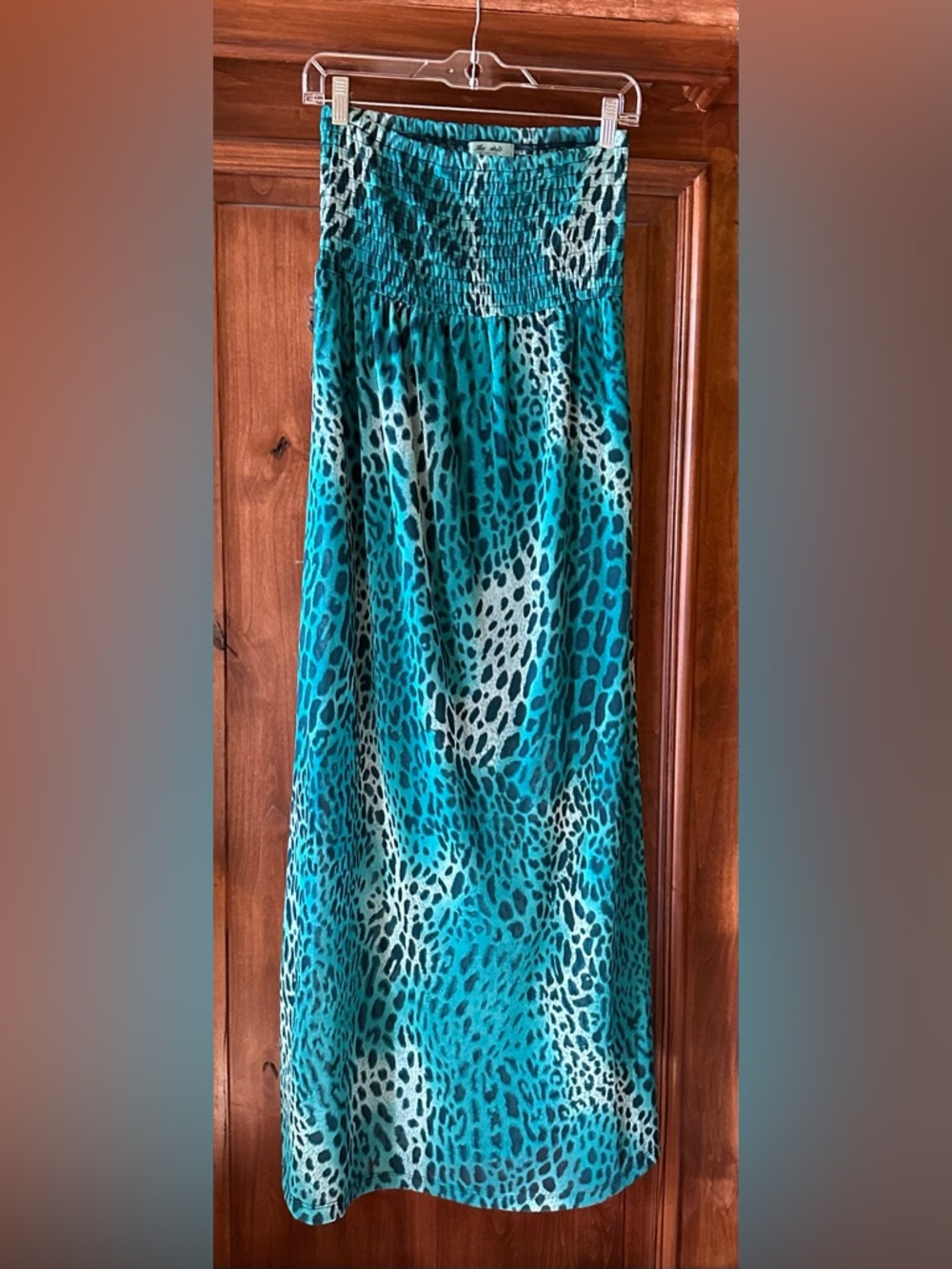 Turquoise Strapless Maxi Dress with Animal Print